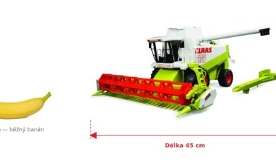 Kombajn Claas Lexion 480 - Bruder 02120 — skutečná velikost 45 × 37 × 22 cm, porovnání s banánem