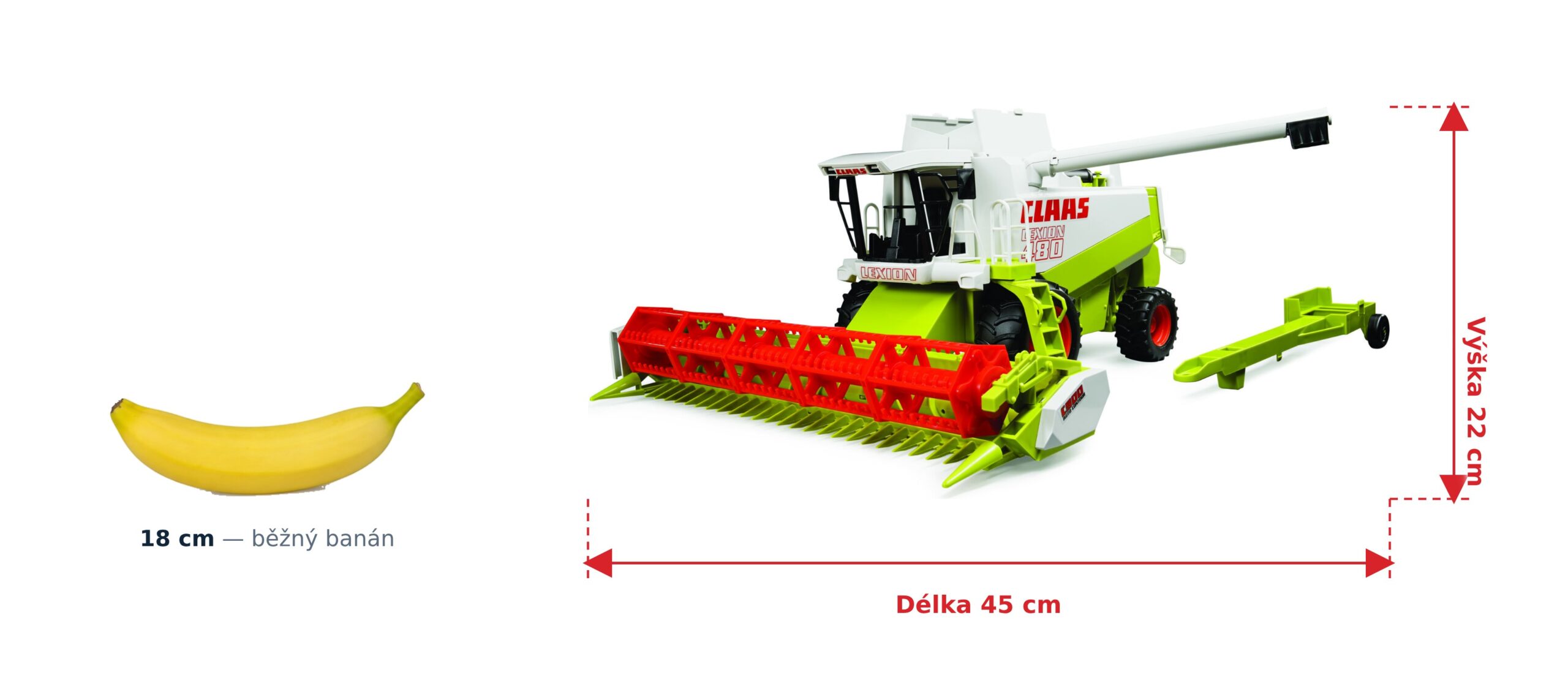 Kombajn Claas Lexion 480 - Bruder 02120 2 Kombajn Claas Lexion 480 - Bruder 02120 — skutečná velikost 45 × 37 × 22 cm, porovnání s banánem