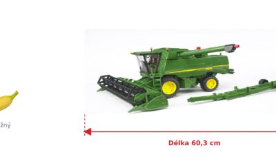Kombajn John Deere T670i - Bruder 02132 — skutečná velikost 60,3 × 47,3 × 23,7 cm, porovnání s banánem