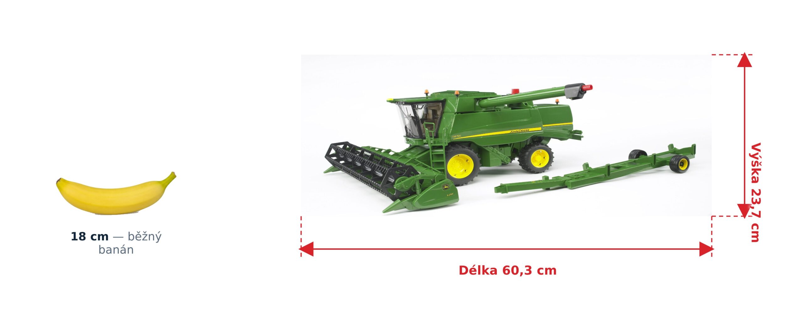Kombajn John Deere T670i - Bruder 02132 2 Kombajn John Deere T670i - Bruder 02132 — skutečná velikost 60,3 × 47,3 × 23,7 cm, porovnání s banánem