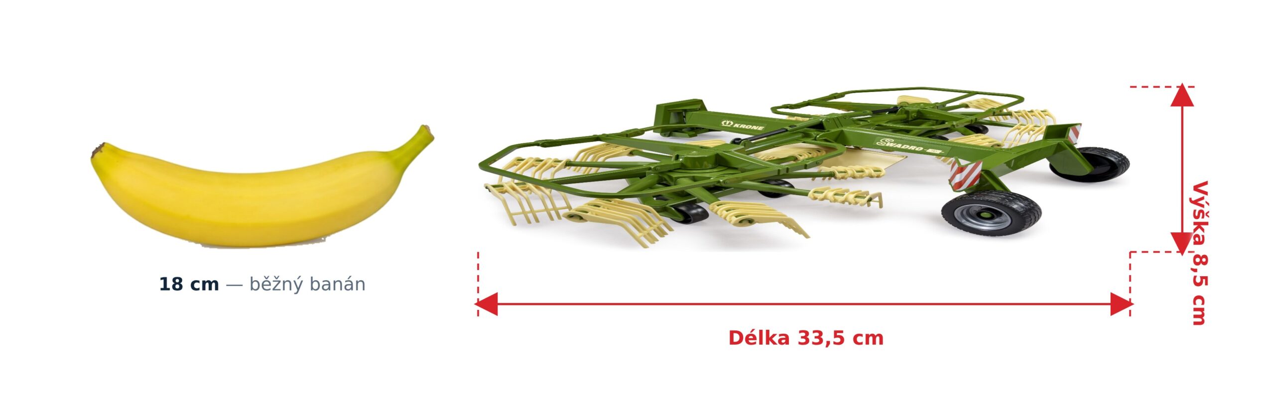 Shrnovač sena Krone - Bruder 02216 2 Shrnovač sena Krone - Bruder 02216 — skutečná velikost 33,5 × 45 × 8,5 cm, porovnání s banánem