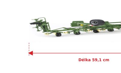 Obraceč sena Krone KWT - Bruder 02224 — skutečná velikost 59,1 × 22,1 × 11,6 cm, porovnání s banánem