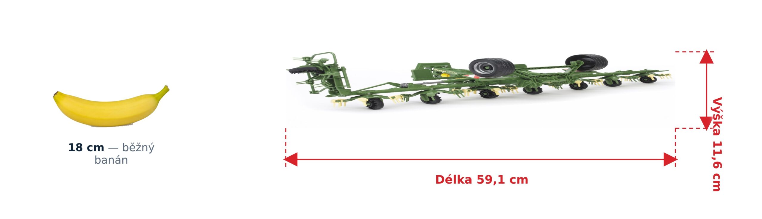 Obraceč sena Krone KWT - Bruder 02224 2 Obraceč sena Krone KWT - Bruder 02224 — skutečná velikost 59,1 × 22,1 × 11,6 cm, porovnání s banánem