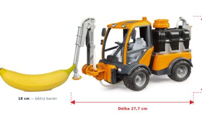 Kropicí vůz VarioCar se zavlažovacím ramenem - Bruder 02692 — skutečná velikost 27,7 × 10,5 × 17,3 cm, porovnání s banánem