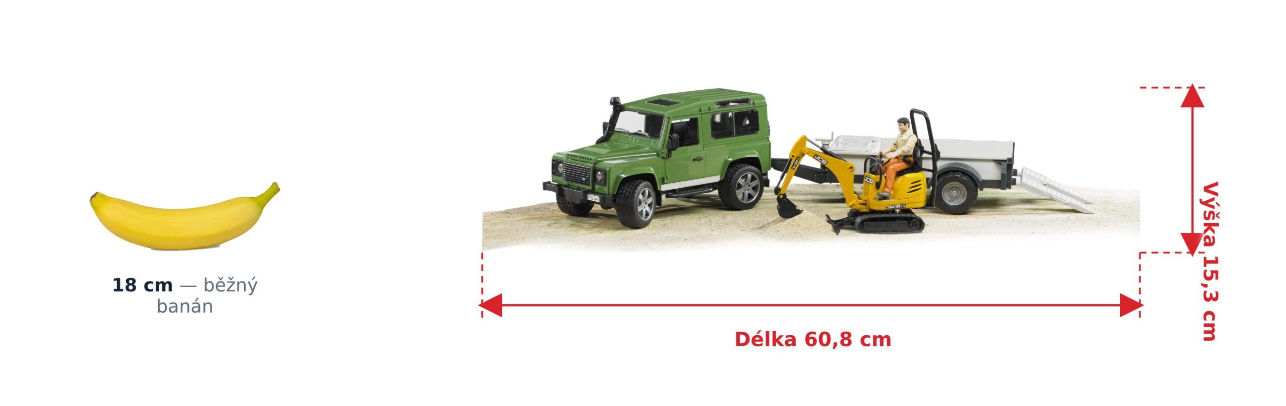 Land Rover s řidičem, přívěsem a minibagrem JCB - Bruder 02593 2 Land Rover s řidičem, přívěsem a minibagrem JCB - Bruder 02593 — skutečná velikost 60,8 × 16,6 × 15,3 cm, porovnání s banánem