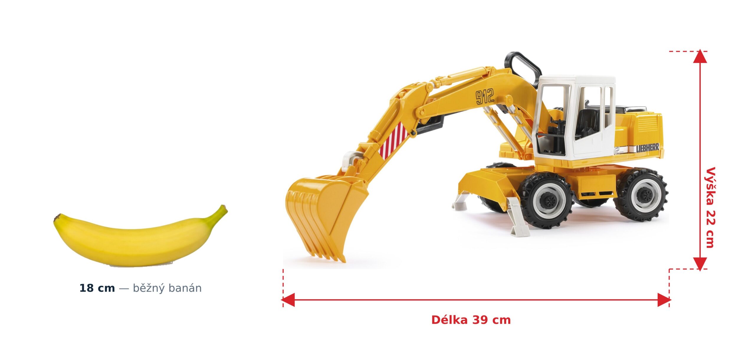 Kolový bagr Liebherr 912 - Bruder 02426 2 Kolový bagr Liebherr 912 - Bruder 02426 — skutečná velikost 39 × 15,5 × 22 cm, porovnání s banánem