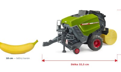 Lis na kulaté balíky Fendt Rotana 180V - Bruder 02038 — skutečná velikost 32,5 × 17,5 × 19,5 cm, porovnání s banánem