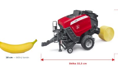 Lis na kulaté balíky Massey Ferguson RB 4180V - Bruder 02039 — skutečná velikost 32,5 × 17,5 × 19,5 cm, porovnání s banánem