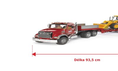 Tahač MACK Granite s bagrem JCB 4CX - Bruder 02813 — skutečná velikost 93,5 × 18,5 × 26,5 cm, porovnání s banánem