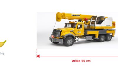 Nákladní automobil MACK Granite s jeřábem Liebherr - Bruder 02818 — skutečná velikost 66 × 18,5 × 27 cm, porovnání s banánem