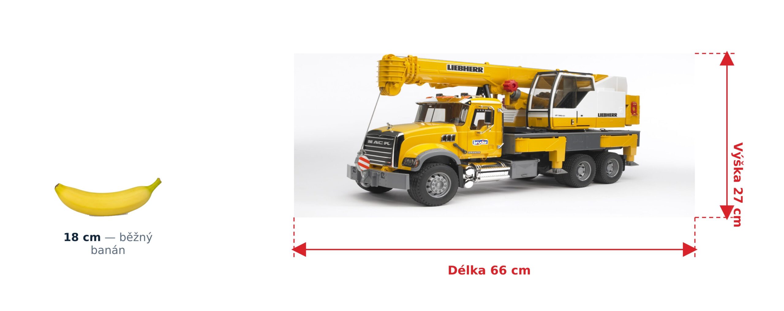 Nákladní automobil MACK Granite s jeřábem Liebherr - Bruder 02818 2 Nákladní automobil MACK Granite s jeřábem Liebherr - Bruder 02818 — skutečná velikost 66 × 18,5 × 27 cm, porovnání s banánem