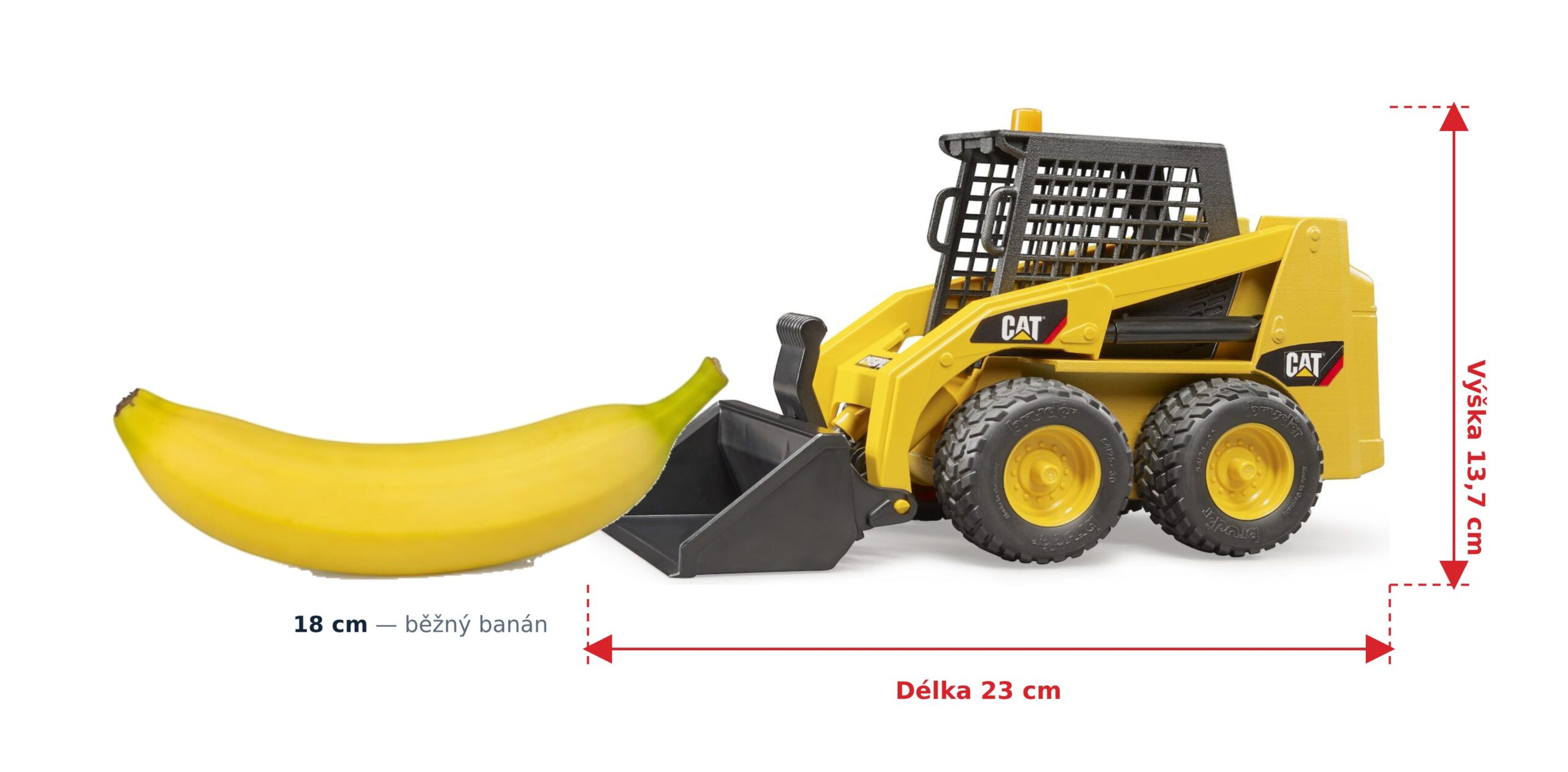 Malý kolový nakladač BOB CAT 277C - Bruder 02481 2 Malý kolový nakladač BOB CAT 277C - Bruder 02481 — skutečná velikost 23 × 10,5 × 13,7 cm, porovnání s banánem