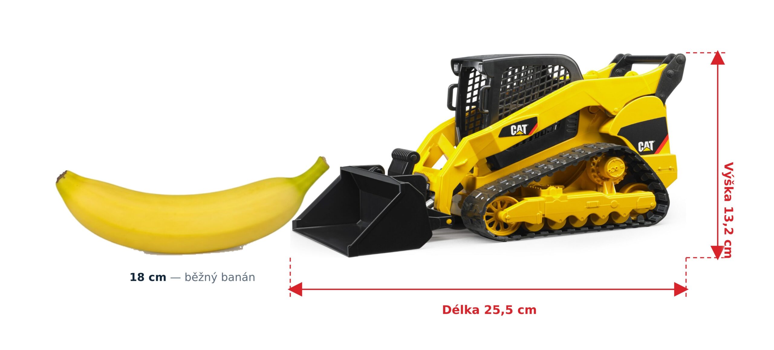 Malý pásový nakladač CAT 277C - Bruder 02136 2 Malý pásový nakladač CAT 277C - Bruder 02136 — skutečná velikost 25,5 × 11,5 × 13,2 cm, porovnání s banánem