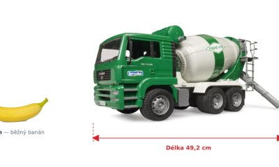 Míchačka MAN TGA - Bruder 02739 — skutečná velikost 49,2 × 18 × 25,5 cm, porovnání s banánem