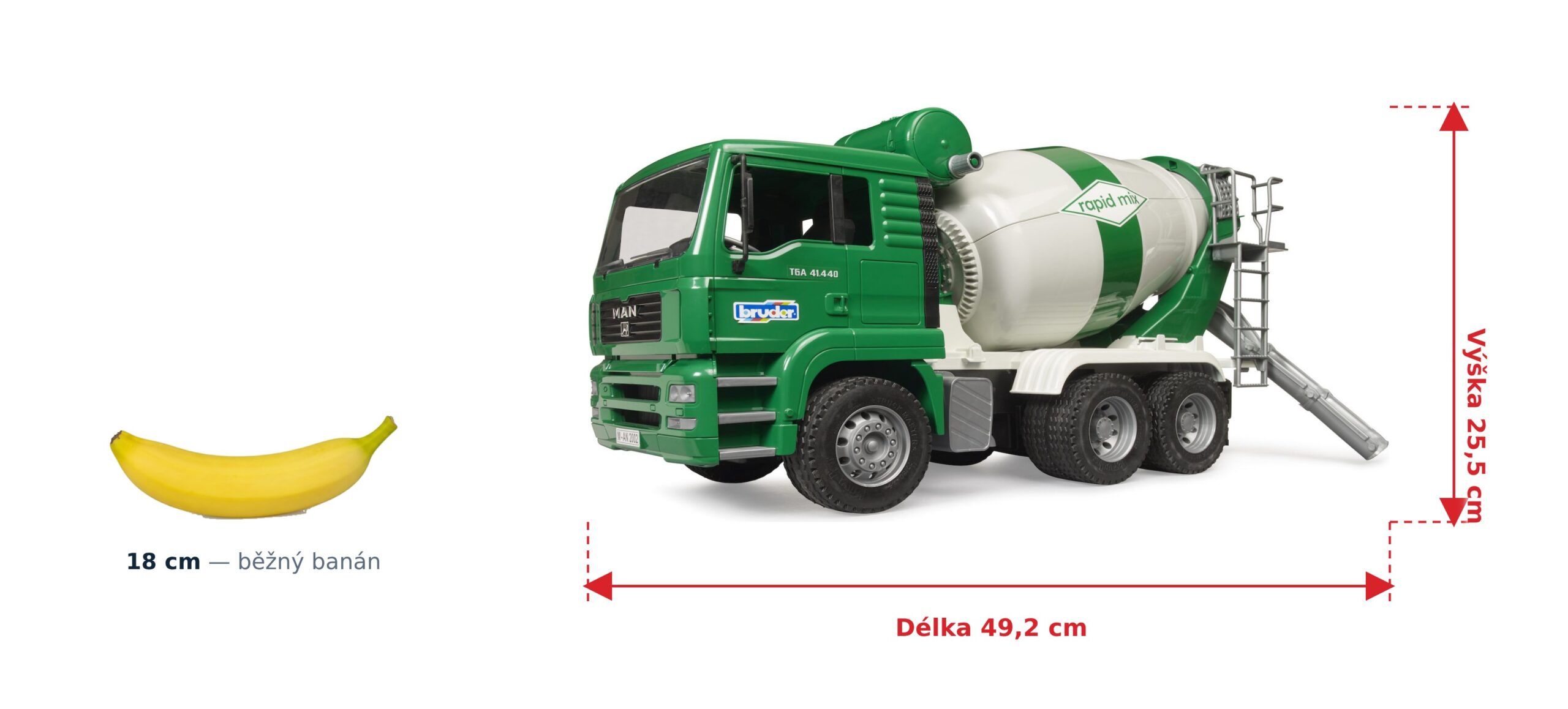 Míchačka MAN TGA - Bruder 02739 2 Míchačka MAN TGA - Bruder 02739 — skutečná velikost 49,2 × 18 × 25,5 cm, porovnání s banánem
