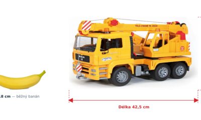 Autojeřáb MAN TGA - Bruder 02754 — skutečná velikost 42,5 × 17,5 × 24,2 cm, porovnání s banánem