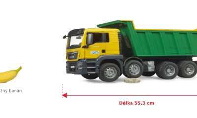 Sklápěč MAN TGS - Bruder 03766 — skutečná velikost 55,3 × 18,5 × 24,2 cm, porovnání s banánem