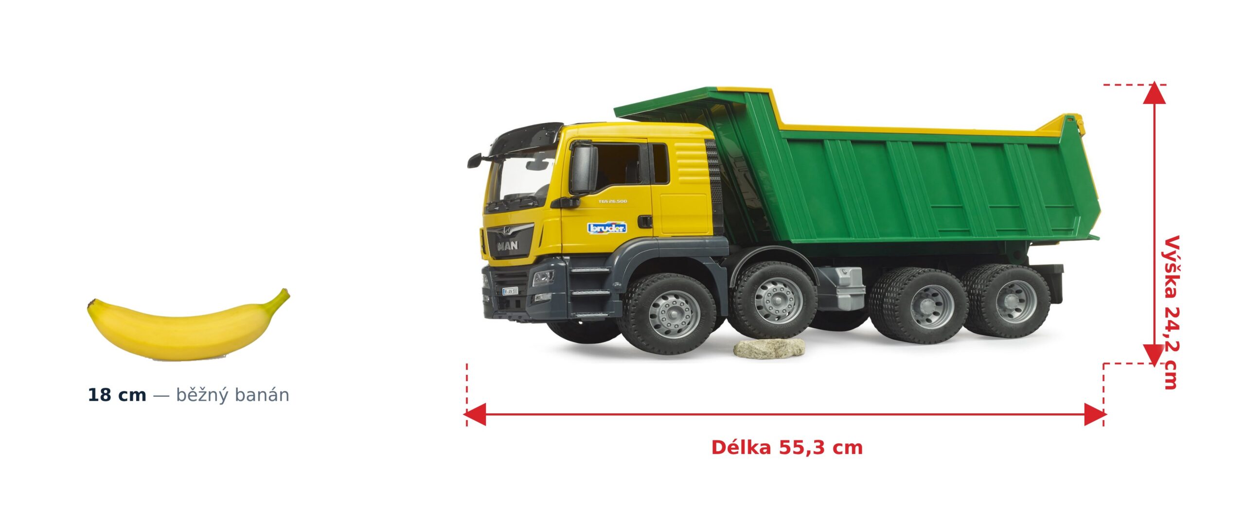 Sklápěč MAN TGS - Bruder 03766 2 Sklápěč MAN TGS - Bruder 03766 — skutečná velikost 55,3 × 18,5 × 24,2 cm, porovnání s banánem