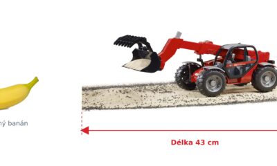 Teleskopický nakladač Manitou MLT 633 - Bruder 02125 — skutečná velikost 43 × 17,5 × 15 cm, porovnání s banánem