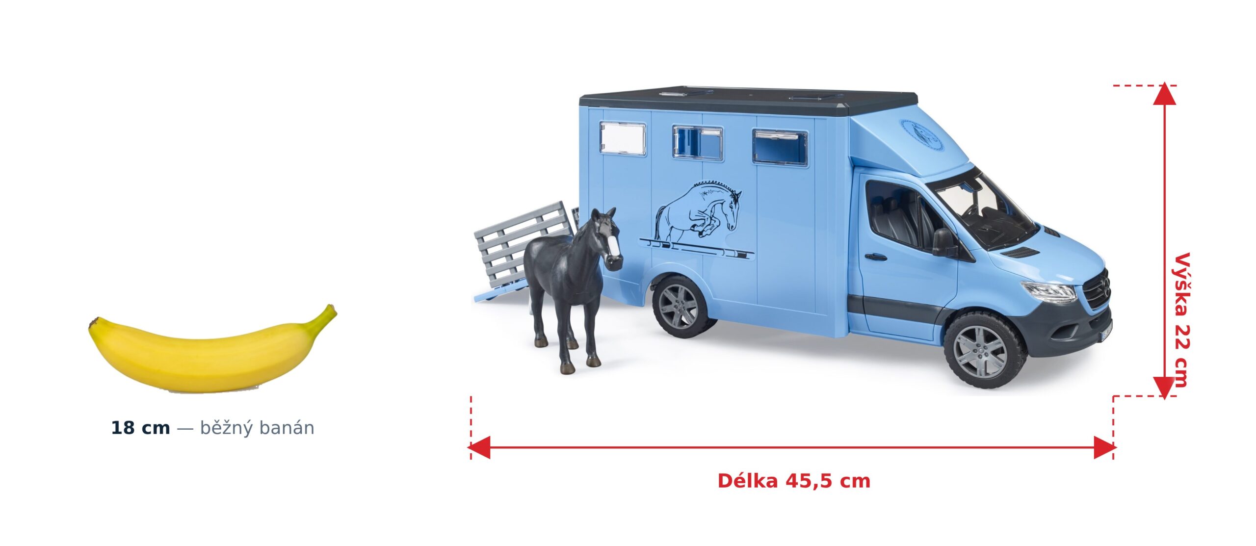 Přeprava koní MB Sprinter - Bruder 02674 2 Přeprava koní MB Sprinter - Bruder 02674 — skutečná velikost 45,5 × 17 × 22 cm, porovnání s banánem