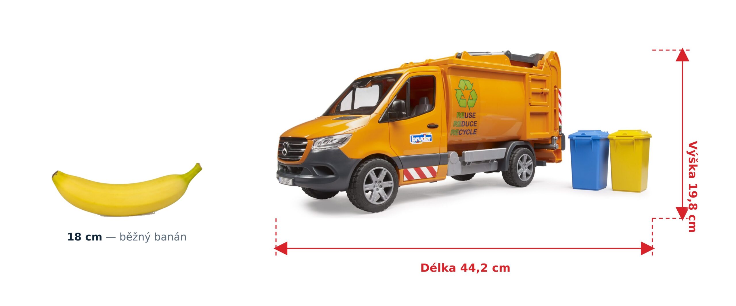 MB Sprinter komunální popelářský vůz - Bruder 02682 2 MB Sprinter komunální popelářský vůz - Bruder 02682 — skutečná velikost 44,2 × 16,5 × 19,8 cm, porovnání s banánem