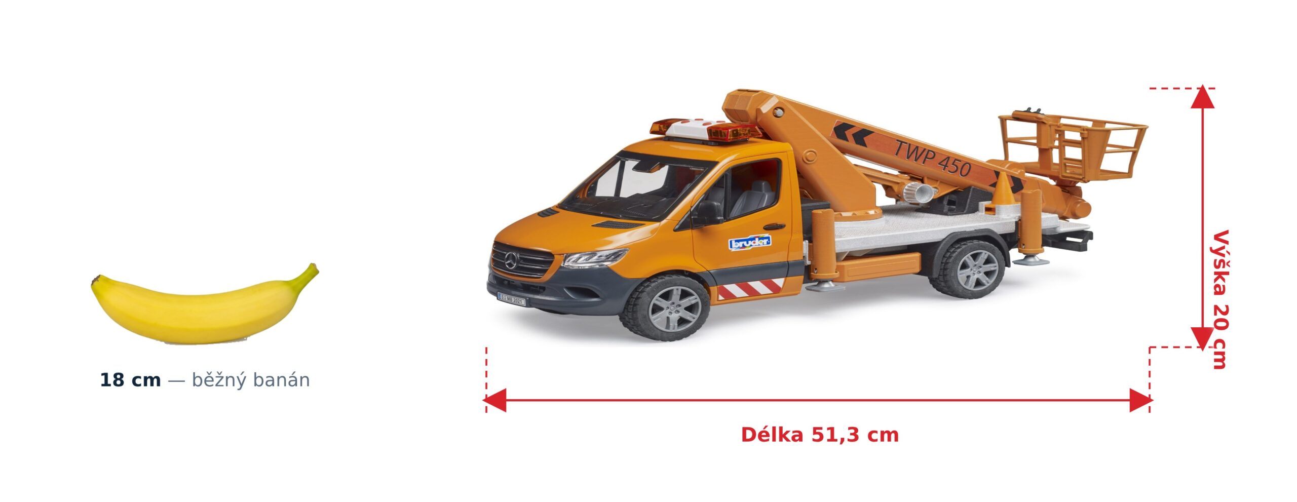 MB Sprinter s houkačkou a servisní plošinou - Bruder 02679 2 MB Sprinter s houkačkou a servisní plošinou - Bruder 02679 — skutečná velikost 51,3 × 15,7 × 20 cm, porovnání s banánem