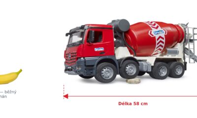 Míchačka MB Arocs - Bruder 03655 — skutečná velikost 58 × 18,5 × 27 cm, porovnání s banánem