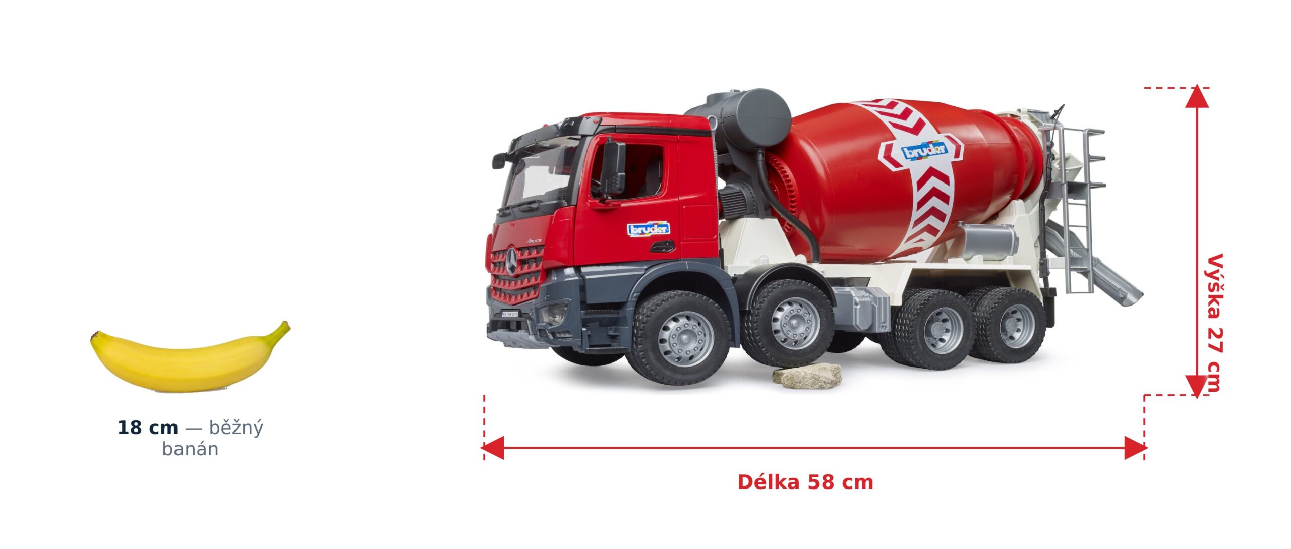 Míchačka MB Arocs - Bruder 03655 2 Míchačka MB Arocs - Bruder 03655 — skutečná velikost 58 × 18,5 × 27 cm, porovnání s banánem