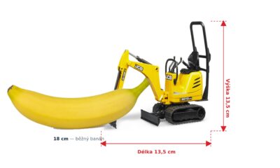 Minibagr JCB - Bruder 62003 — skutečná velikost 13,5 × 6,3 × 13,5 cm, porovnání s banánem