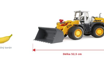 Nakladač Liebherr L574 - Bruder 02430 — skutečná velikost 52,5 × 18,5 × 22,5 cm, porovnání s banánem
