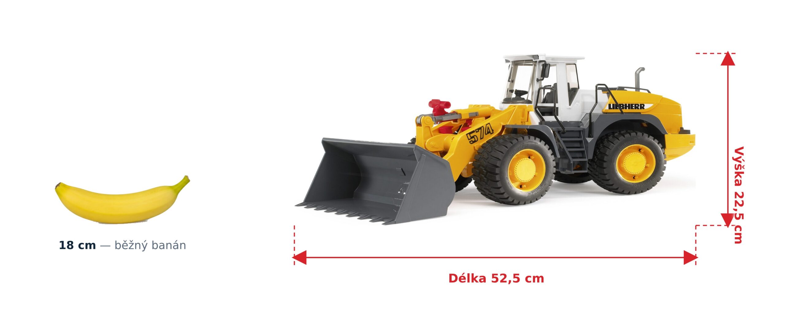 Nakladač Liebherr L574 - Bruder 02430 2 Nakladač Liebherr L574 - Bruder 02430 — skutečná velikost 52,5 × 18,5 × 22,5 cm, porovnání s banánem