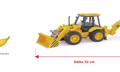 Nakladač s bagrem JCB 4CX - Bruder 02428 — skutečná velikost 52 × 16 × 18,5 cm, porovnání s banánem