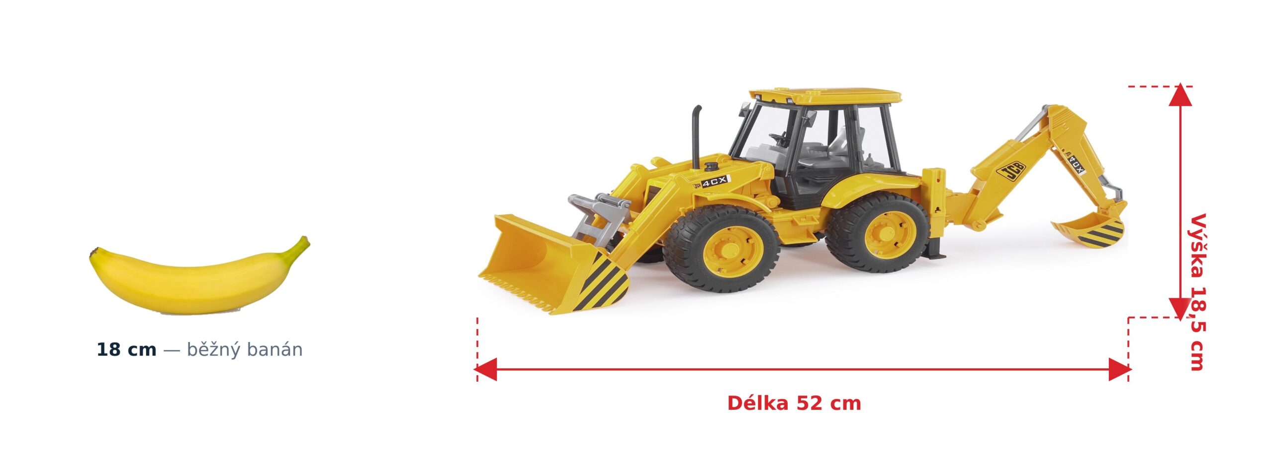 Nakladač s bagrem JCB 4CX - Bruder 02428 2 Nakladač s bagrem JCB 4CX - Bruder 02428 — skutečná velikost 52 × 16 × 18,5 cm, porovnání s banánem