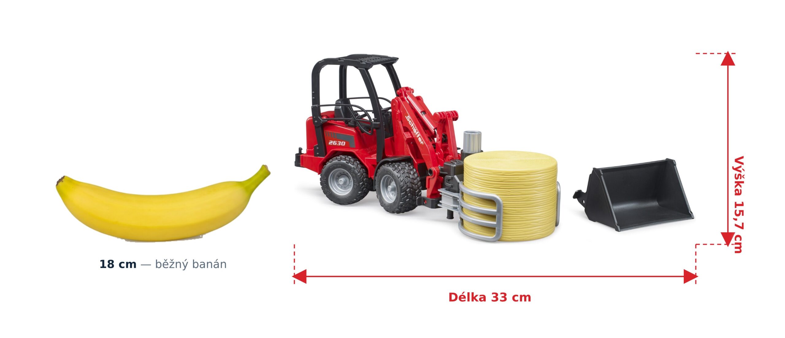 Nakladač Schäffer 2630 na nakládání slámy - Bruder 02192 2 Nakladač Schäffer 2630 na nakládání slámy - Bruder 02192 — skutečná velikost 33 × 9,6 × 15,7 cm, porovnání s banánem