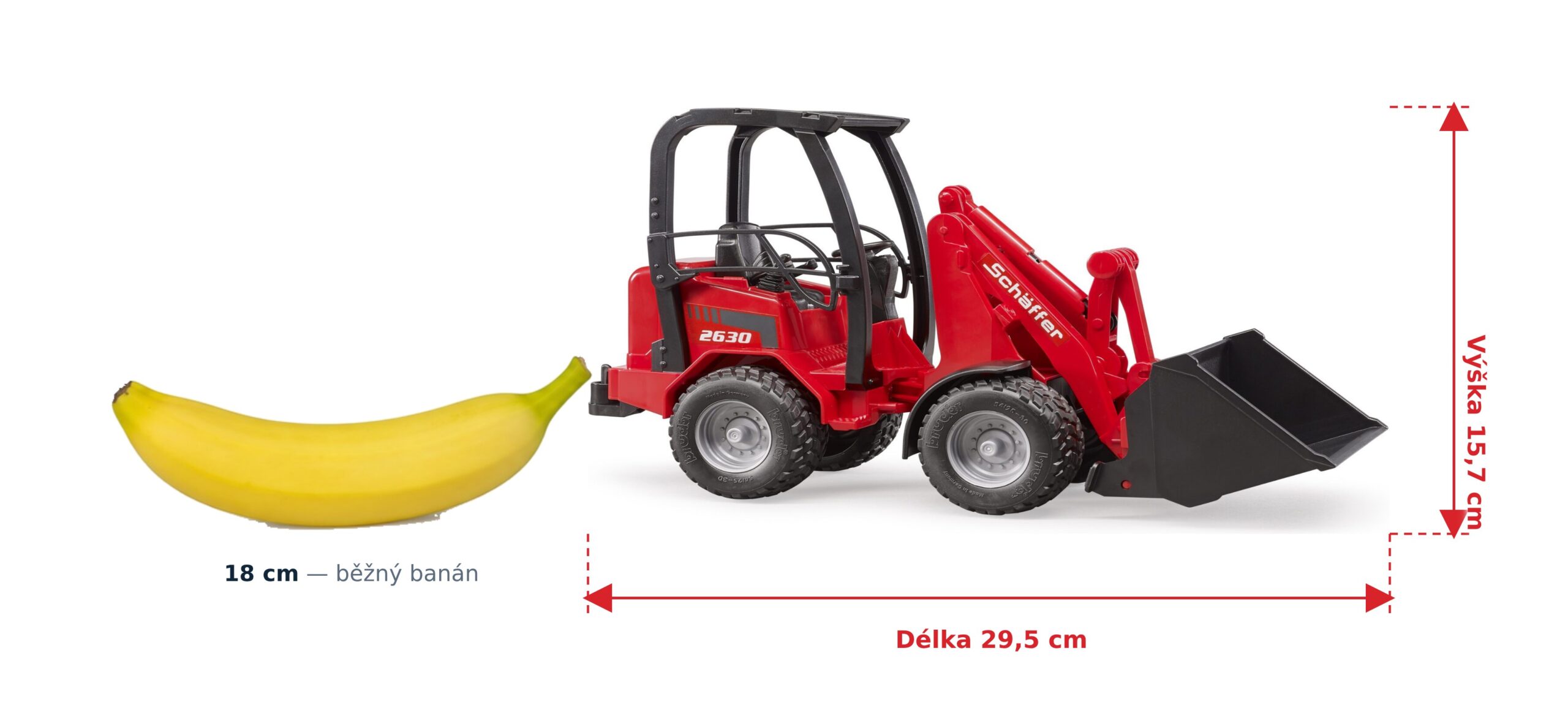 Nakladač Schäffer 2630 - Bruder 02190 2 Nakladač Schäffer 2630 - Bruder 02190 — skutečná velikost 29,5 × 9,6 × 15,7 cm, porovnání s banánem