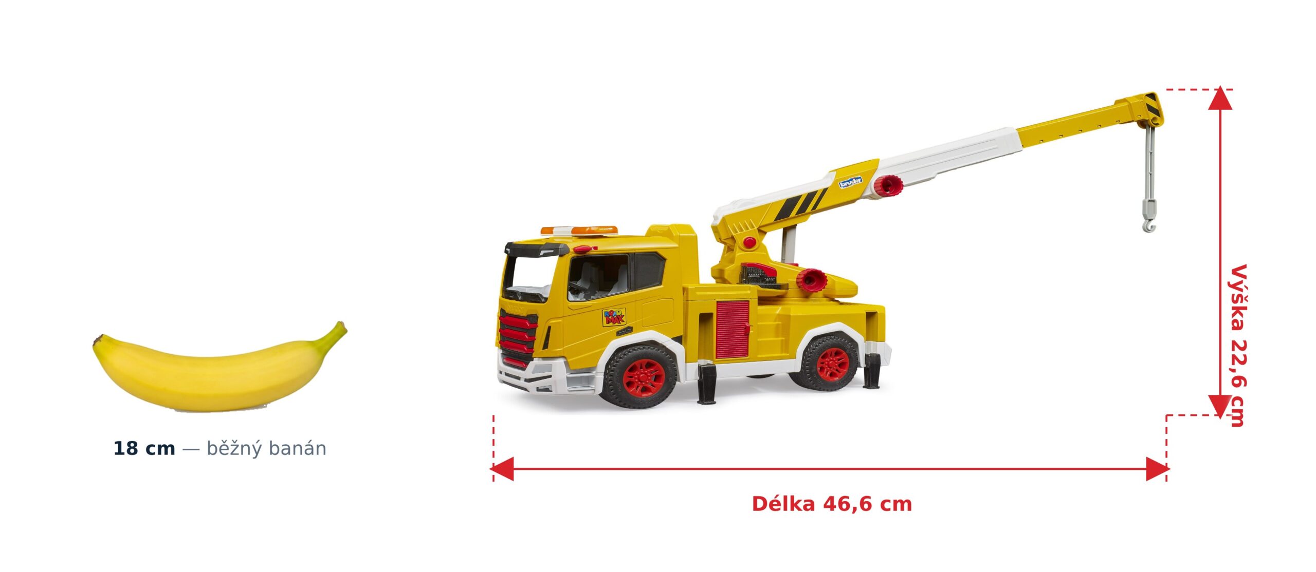 Nákladní žlutý jeřáb Roadmax - Bruder 03471 2 Nákladní žlutý jeřáb Roadmax - Bruder 03471 — skutečná velikost 46,6 × 17 × 22,6 cm, porovnání s banánem