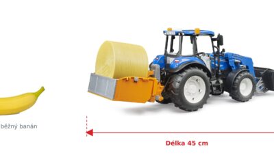 New Holland s nakladačem, sklápěcím boxem a vidlemi - Bruder 02187 — skutečná velikost 45 × 12,5 × 19,5 cm, porovnání s banánem