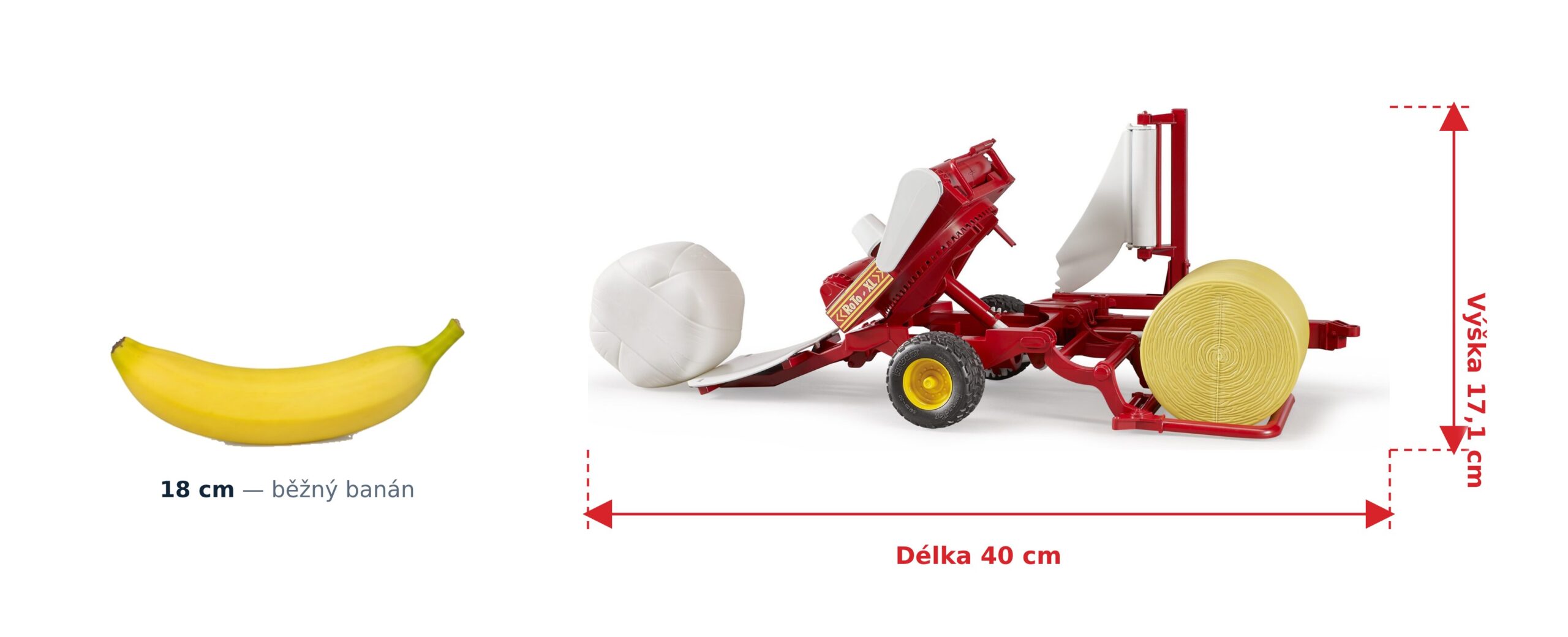 Obalovačka balíků se 2 balíky - Bruder 02122 2 Obalovačka balíků se 2 balíky - Bruder 02122 — skutečná velikost 40 × 14,6 × 17,1 cm, porovnání s banánem