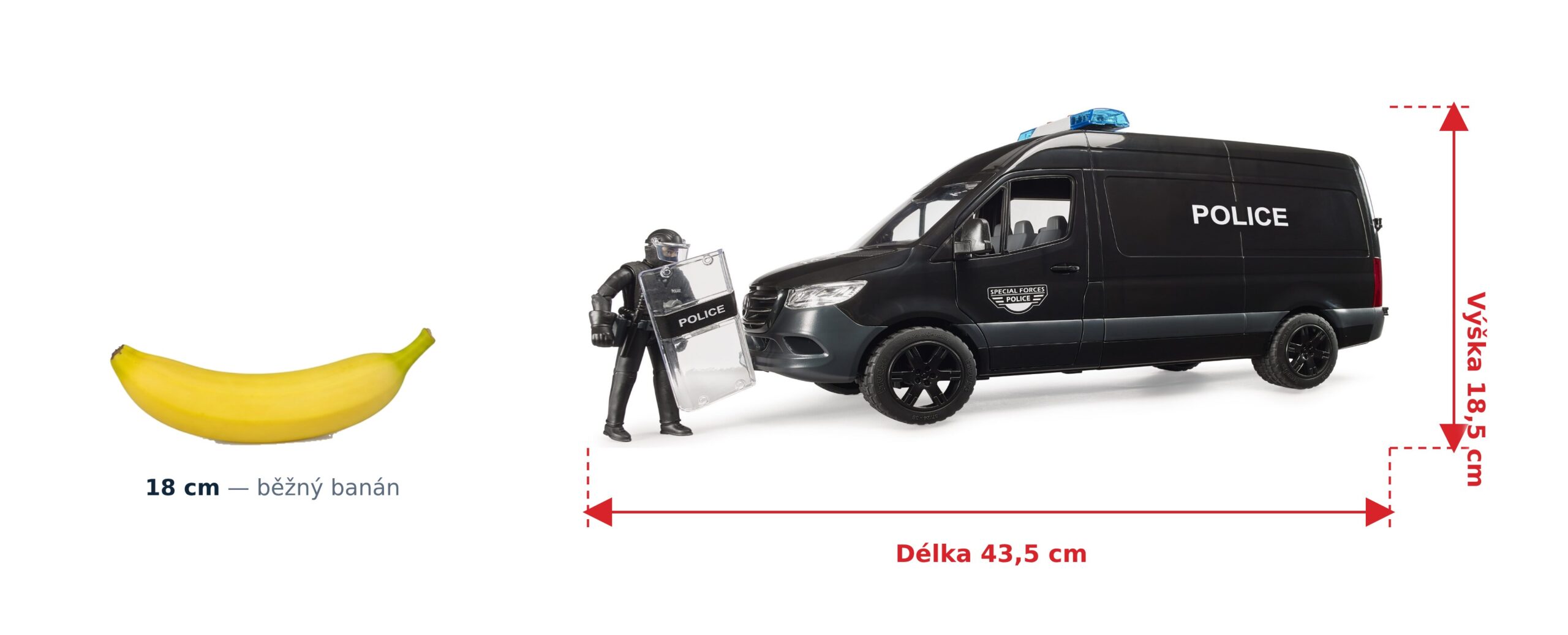 Policejní MB Sprinter s policistou těžkooděncem - Bruder 02685 2 Policejní MB Sprinter s policistou těžkooděncem - Bruder 02685 — skutečná velikost 43,5 × 16,3 × 18,5 cm, porovnání s banánem
