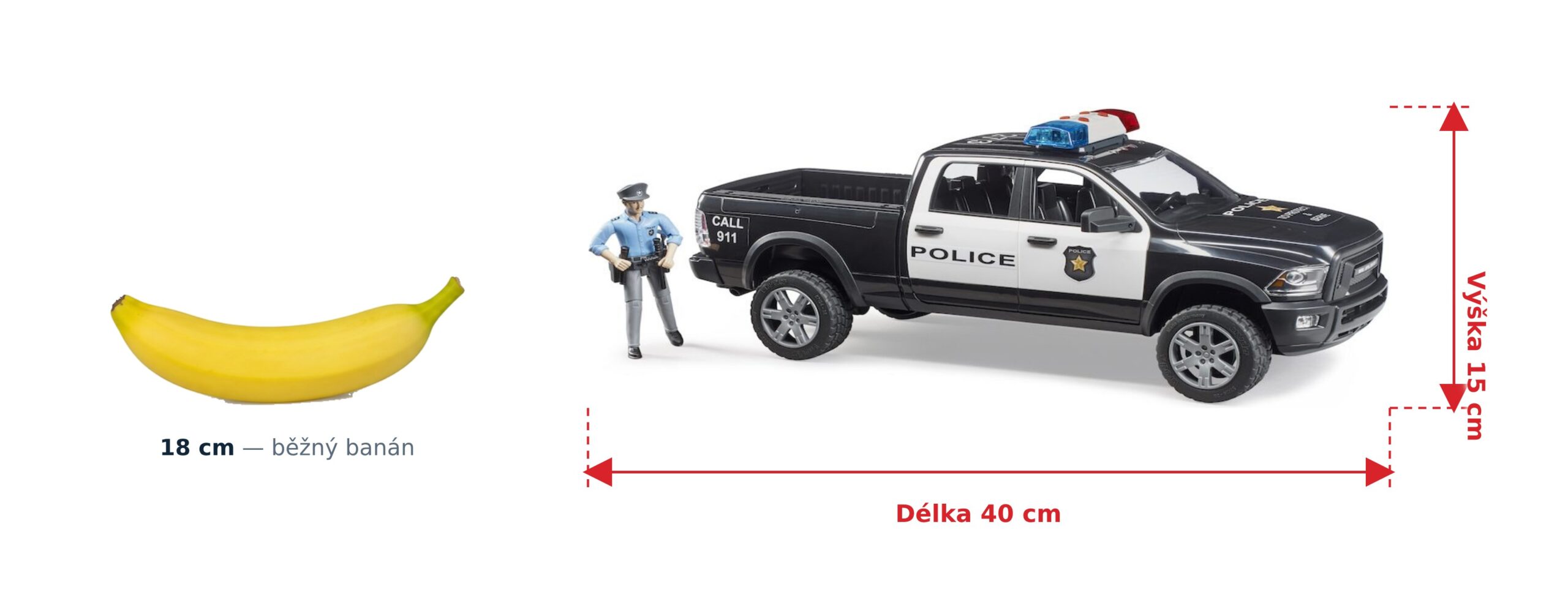 Policejní vůz RAM 2500 s policistou - Bruder 02505 2 Policejní vůz RAM 2500 s policistou - Bruder 02505 — skutečná velikost 40 × 17 × 15 cm, porovnání s banánem