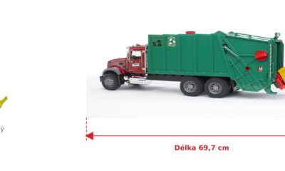 Popelářské auto MACK Granite - Bruder 02812 — skutečná velikost 69,7 × 18,5 × 26,5 cm, porovnání s banánem