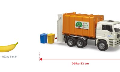 Popelářské auto MAN TGA - Bruder 02772 — skutečná velikost 52 × 18 × 25,8 cm, porovnání s banánem