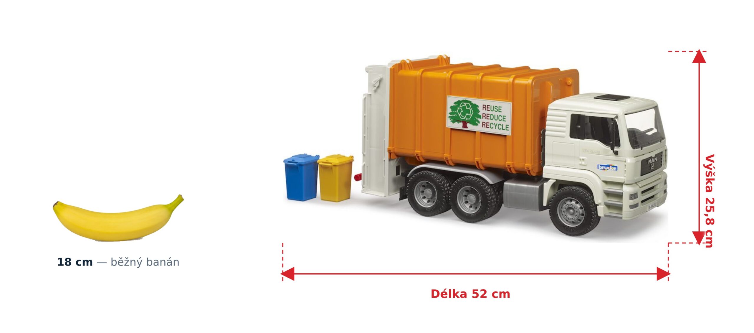Popelářské auto MAN TGA - Bruder 02772 2 Popelářské auto MAN TGA - Bruder 02772 — skutečná velikost 52 × 18 × 25,8 cm, porovnání s banánem