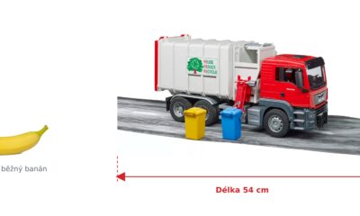 Popelářské auto MAN TGS - Bruder 03761 — skutečná velikost 54 × 19 × 25,7 cm, porovnání s banánem