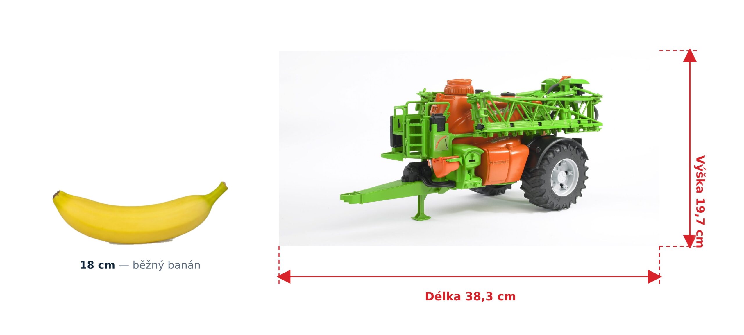 Postřikovač Amazone UX 5200 - Bruder 02207 2 Postřikovač Amazone UX 5200 - Bruder 02207 — skutečná velikost 38,3 × 99,6 × 19,7 cm, porovnání s banánem