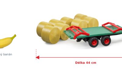 Přepravník balíků - Bruder 02220 — skutečná velikost 44 × 15,5 × 15,5 cm, porovnání s banánem