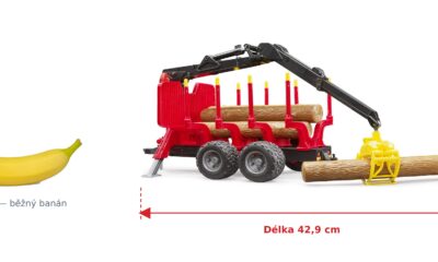 Přepravník dřeva s nakladačem - Bruder 02252 — skutečná velikost 42,9 × 16,8 × 19,5 cm, porovnání s banánem