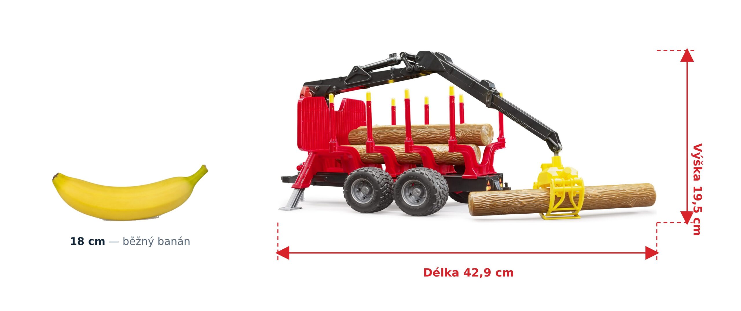 Přepravník dřeva s nakladačem - Bruder 02252 2 Přepravník dřeva s nakladačem - Bruder 02252 — skutečná velikost 42,9 × 16,8 × 19,5 cm, porovnání s banánem