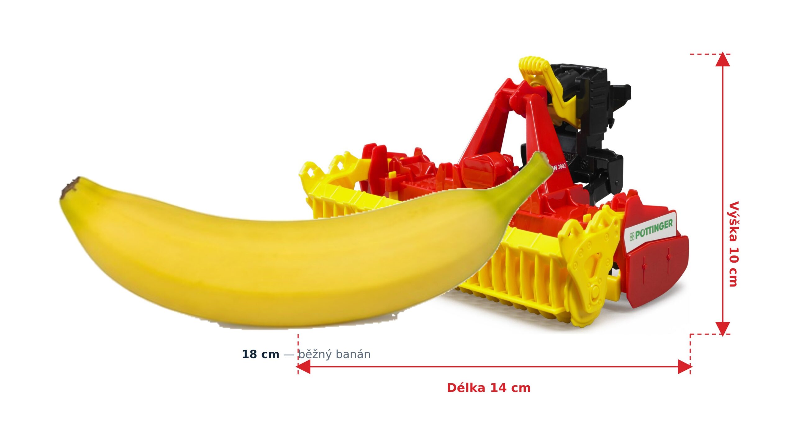 Půdní fréza Pöttinger Lion 3002 - Bruder 02346 2 Půdní fréza Pöttinger Lion 3002 - Bruder 02346 — skutečná velikost 14 × 20 × 10 cm, porovnání s banánem