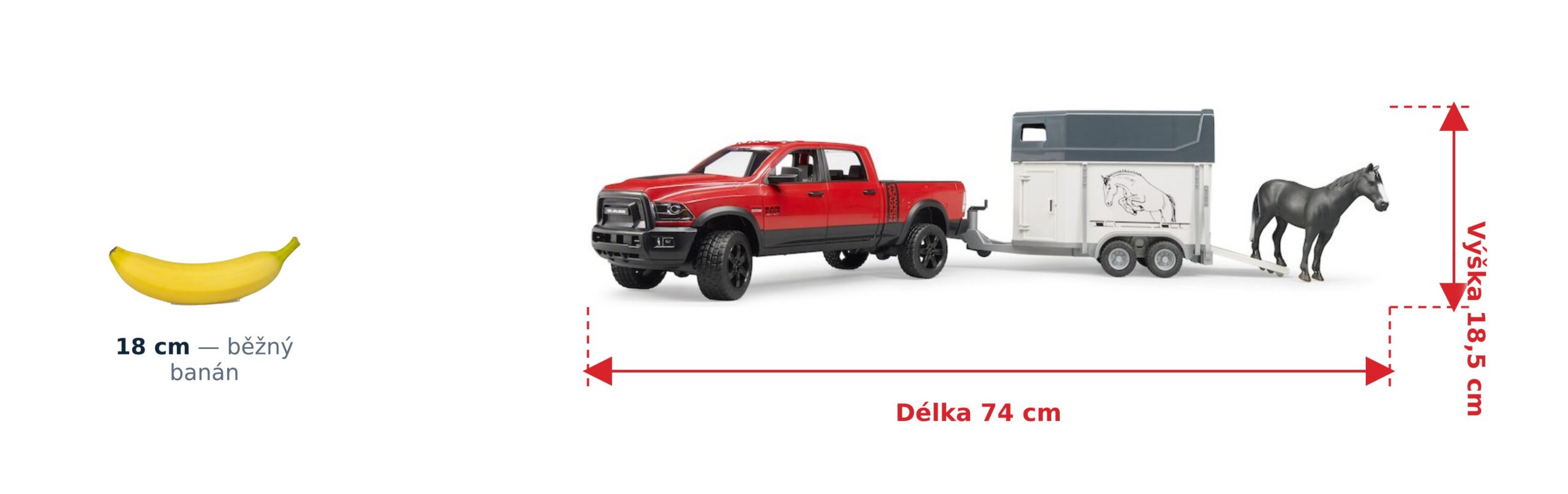 RAM 2500 s přívěsem na koně - Bruder 02501 2 RAM 2500 s přívěsem na koně - Bruder 02501 — skutečná velikost 74 × 17 × 18,5 cm, porovnání s banánem